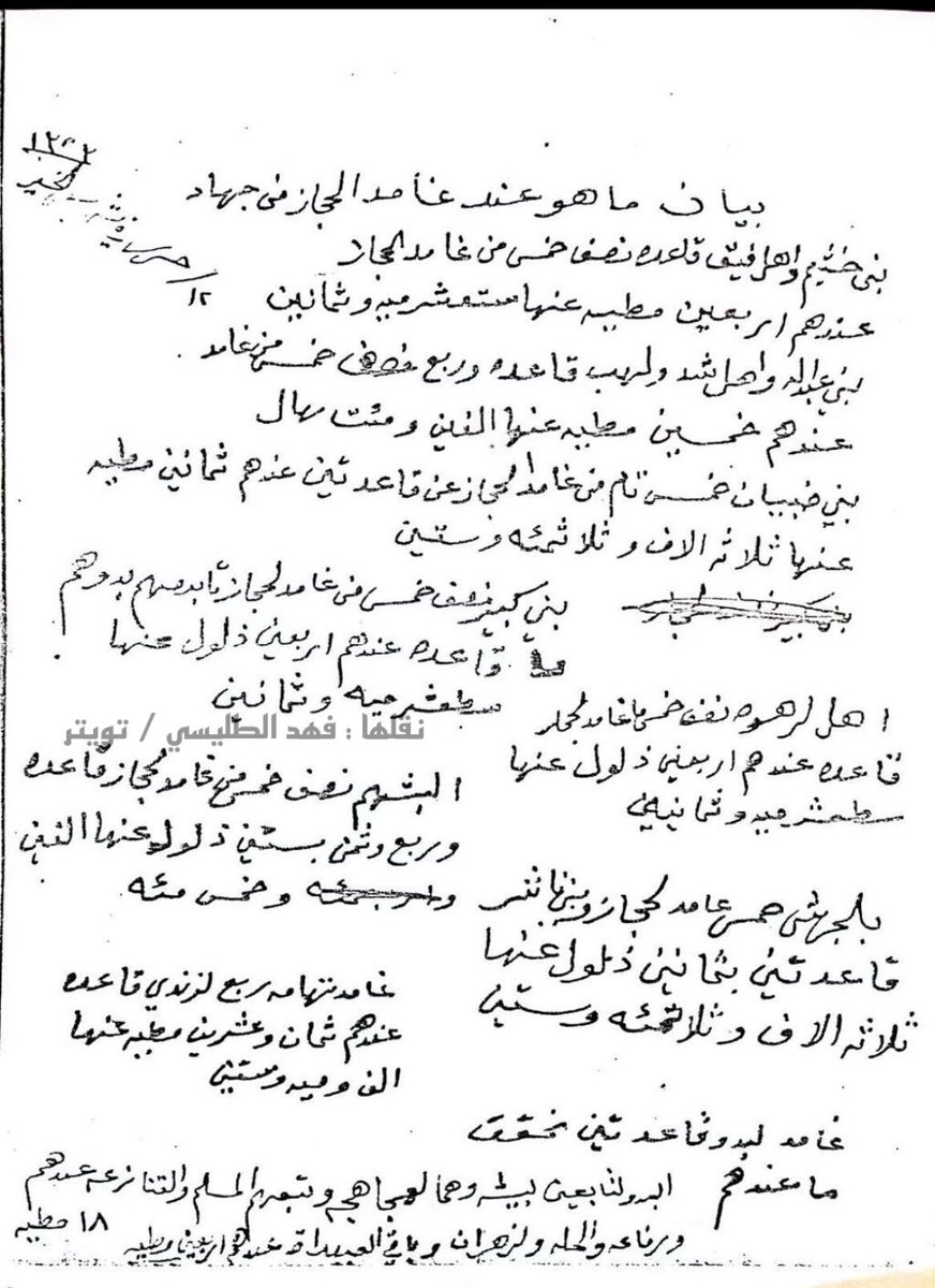 fahadaltolisi's tweet photo. ورد في القصائد الشعبية والروايات ان قبائل غامد الحجاز ينقسمون الى خمسة اخماس يقول الشاعر ابو ذهيبة الغامدي قبل ٥٠٠ سنة :
ولا جاني الّا خُمس مـ أخماس غامد
ولاعاد يطرى صولة ٍ يذكرونها ..
هذي وثيقة في عهد الملك عبدالعزيز رحمه الله فيها تفصيل لبطون غامد كافة. https://t.co/LlgO65g6ci