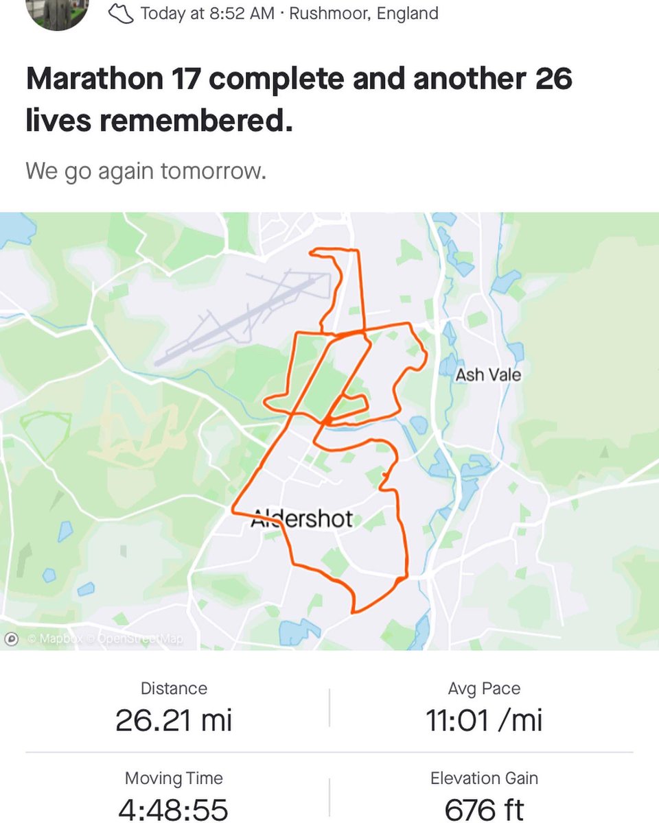 BrianWoodMC's tweet photo. Marathon 17 complete and another 26 lives remembered. Massive thanks to @maiktaylor1 @ArmySgtMajor, Andy and Kim for the incredible support today.

WE GO AGAIN TOMORROW 🏃‍♂️ https://t.co/LrQCIPIza4