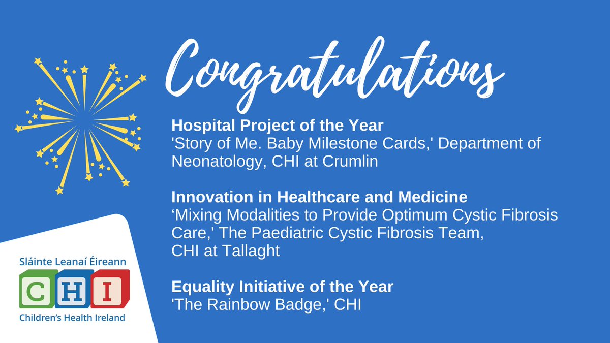 CHIatCrumlin's tweet photo. Congrats to the CHI winners at the Irish Healthcare Awards @HealthAwardsIrl
๐Story of Me @CHIatCrumlin
๐The CHI Rainbow Badge initiative
๐Mixing Modalities to Provide Optimum Cystic Fibrosis care @CHIatTallaght
Read more โก๏ธhttps://t.co/cBilm5BBVi
#ourchildrenshospital https://t.co/v2epmPRkyE