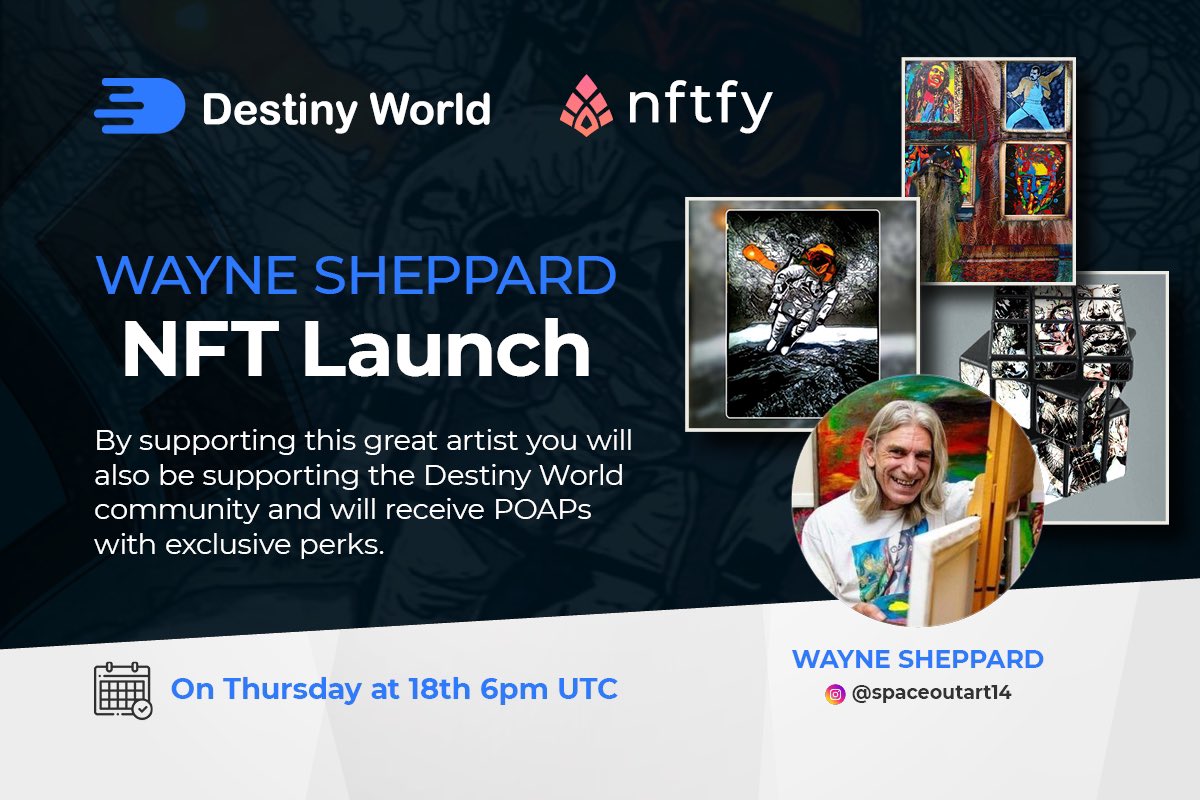 nftfyofficial's tweet photo. Book the date! 🗓

Thursday November 18th we will be dropping @WayneSheppard18’s art collection exclusively on the #nftfy platform!

Support his work and vision and get benefits too! https://t.co/cqvSGXvUBi