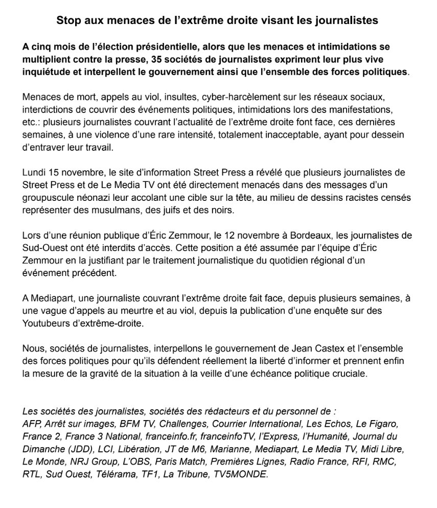 A cinq mois de l’élection présidentielle, alors que les menaces et intimidations se multiplient contre la presse, 35 sociétés de journalistes expriment leur plus vive inquiétude et interpellent le gouvernement ainsi que l’ensemble des forces politiques.