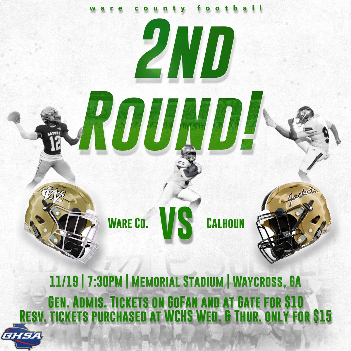 WareCoGators's tweet photo. Be sure to get your tickets for this Friday! General admission is $10 and can be purchased on GoFan or at the gate. Reserved tickets are $15 and can only be purchased at WCHS today &amp; tomorrow from 11AM-1PM.

#BeatCalhoun
#WeAreWare https://t.co/rSoYUXNofz
