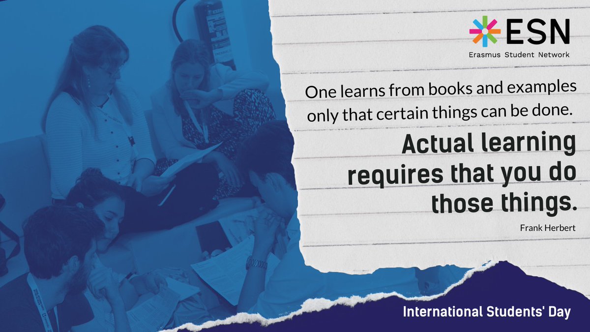 ESN_Int's tweet photo. Happy #InternationalStudentsDay to the driving force of ESN -  we exist for you and because of you! ❤️
And as always, we encourage you to leave your comfort zone, and live your lessons. Because when you do things, the learning never stops. 👨‍🎓👩‍🎓 https://t.co/lzrztl1c9O