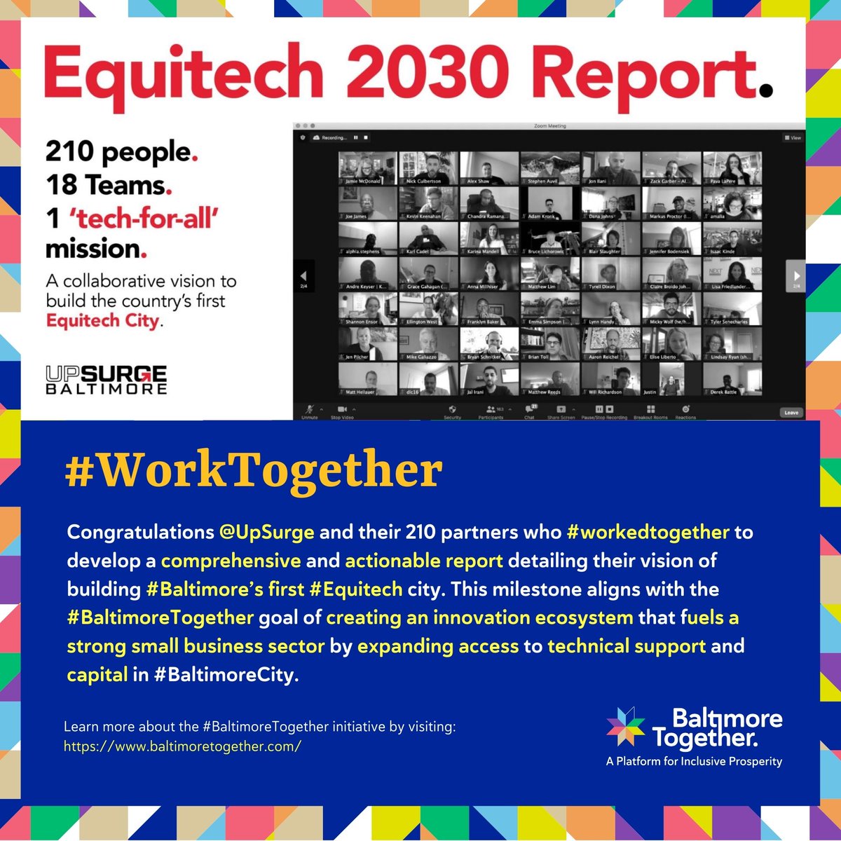 BmoreTogether_'s tweet image. Congrats @UpSurge  &amp;amp; their 210 partners who #workedtogether 2 dvlp an actionable report detailing the vision of building #Bmore’s 1st #Equitechcity. This aligns w/ #BaltimoreTogether goal of cr8tng an #innovation ecosystem that fuels a strong sml biz sector w/ tech in #Baltimore