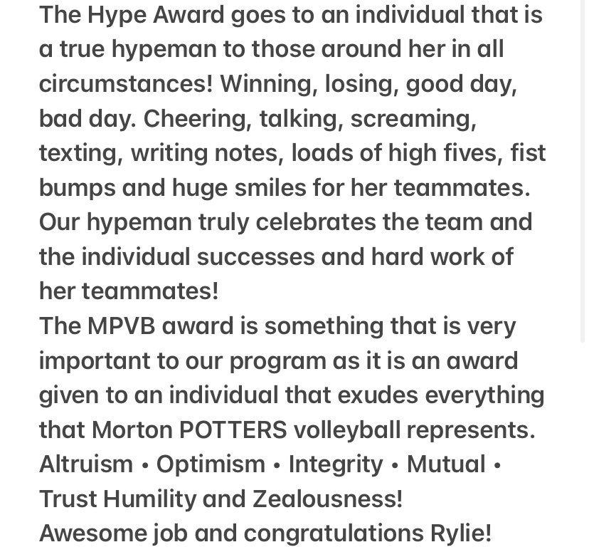 Congratulations to sophomore Rylie Durbin on receiving two special recognition awards for this season! Rylie received the 🔥Hype Award🔥and also the 🏆MPVB award🏆 for the sophomore class!