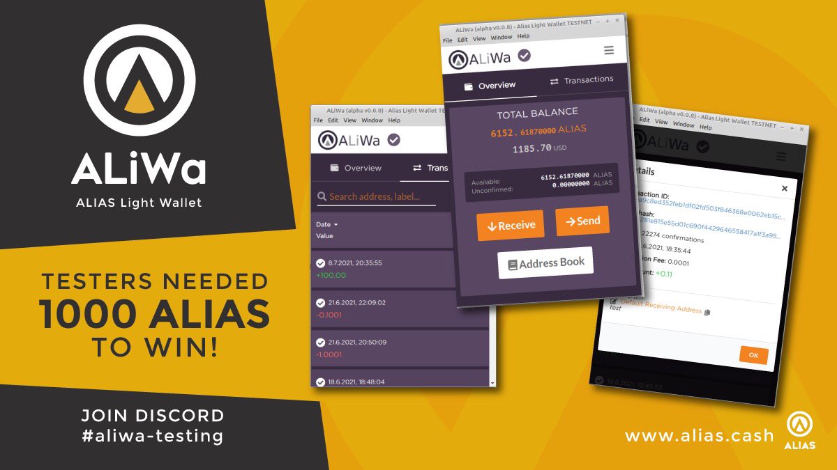 ALIAS_Cash's tweet photo. 🎉We’re close to release the Alias Light Wallet, better known as #ALiWa.
Join us in testing and win $ALIAS! Up to ten testers can participate and WIN $ALIAS starting on 17th November 2021 at 20pm GMT

https://t.co/llHMxuZKEw
#lightwallet #fast #instant #easy #torlightwallet #tor https://t.co/qkhyh9lLE3