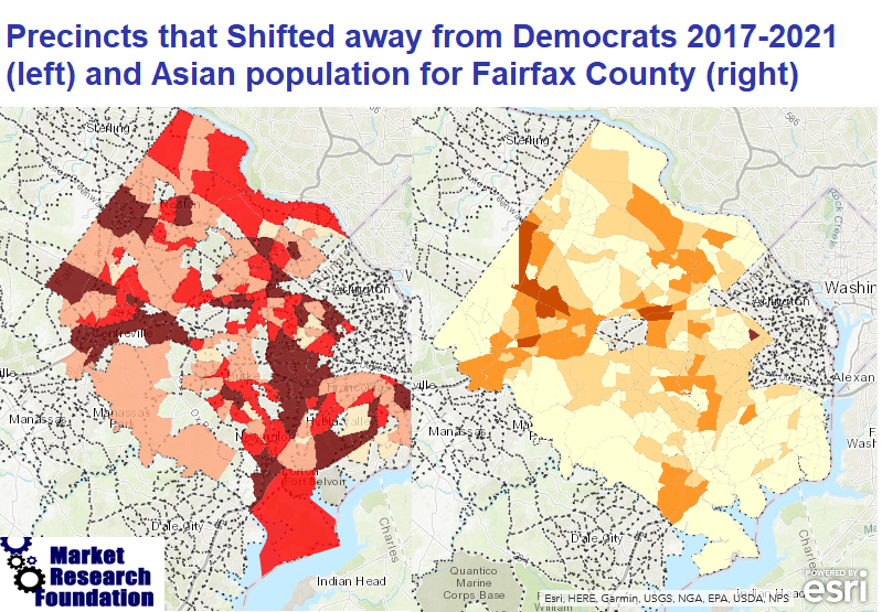 Bill_Mrf's tweet photo. Asians also aligned with precincts that shifted GOP between ‘17 and ‘21. Take a look at the @mrf_insight map of precincts that shifted GOP next to the Asian population. #AsianVote #virginiaelection2021 https://t.co/pdPmc0dXuk