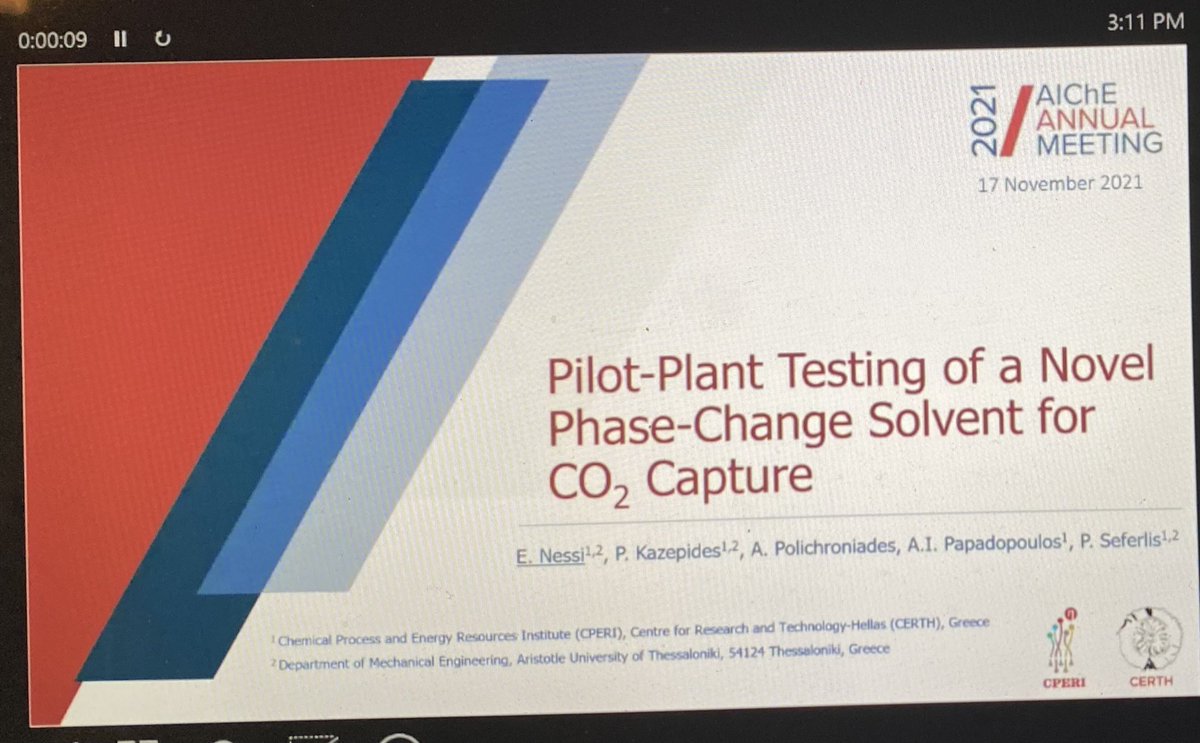 Panos_Seferlis's tweet photo. Congratulations to Evie Nessi, PhD candidate, for an excellent and very informative presentation of her work on CO2 capture with a novel solvent at 2021 AIChE Annual Meeting ⁦⁦@ChEnected⁩ ⁦@rolincap⁩ ⁦@CERTHellas⁩ ⁦@meng_auth⁩ ⁦@eng_school_auth⁩ https://t.co/lD4AFd8Hqv