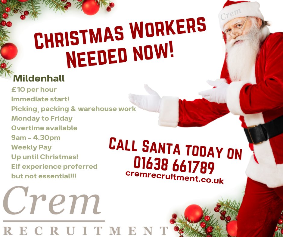 CremRecruitment's tweet photo. Seasonal Work! Immediate start! Weekly pay! £10 per hour plus more for any overtime! Duties include picking, packing and warehouse work! #christmasjobs
Call the Crem team on 01638 661789 today!!! https://t.co/li64An0hni