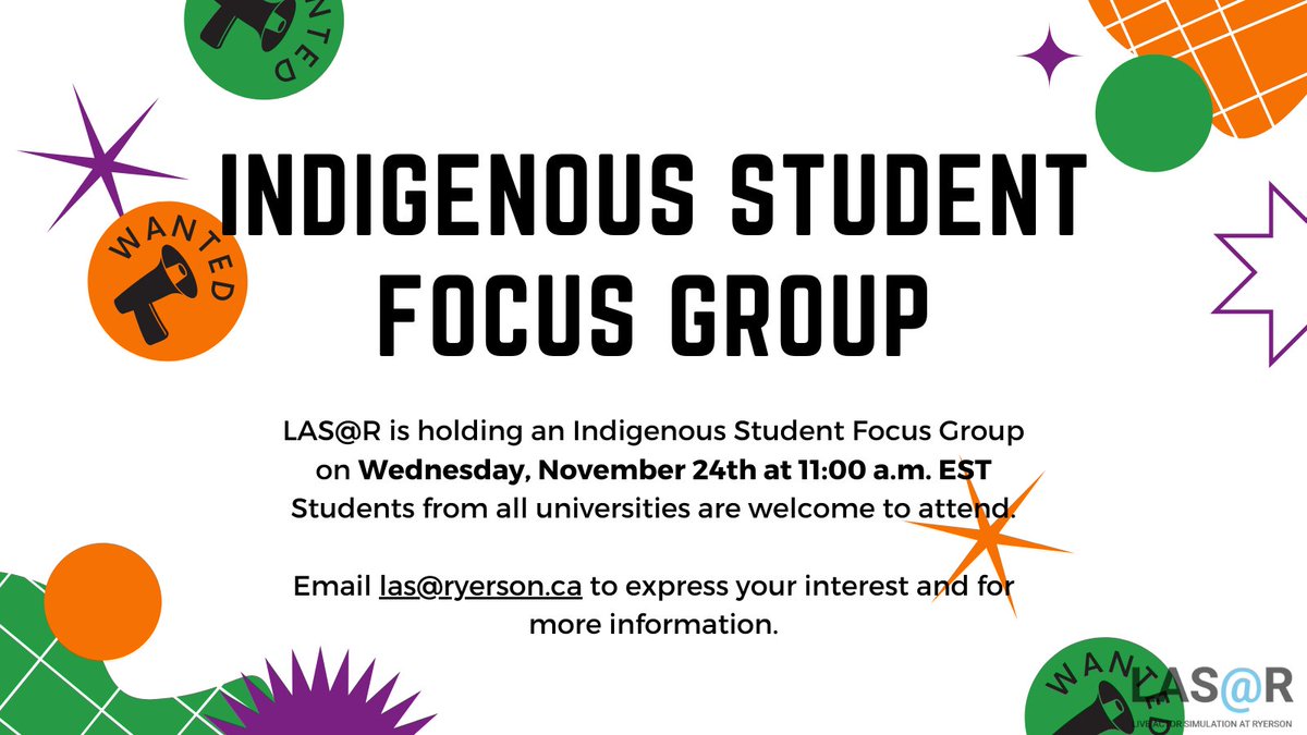 LAS@R is holding an Indigenous Student Focus Group on November 24th! Email las@ryerson.ca to express your interest in attending. 
#LAS@R #IndigenousStudents #Students #FocusGroup #ExperientialLearningHub