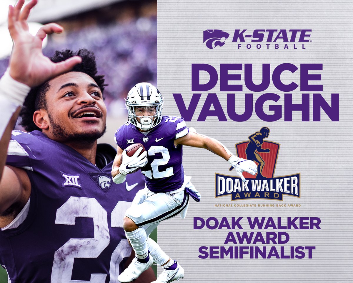 KStateFB's tweet photo. 🚨 HE’S LOOSE 🚨

@C_Vaughn22 named @DoakWalkerAward Semifinalist, given annually to the nation’s premier running back

📄 https://t.co/YZ0JHn9krk

#KStateFB https://t.co/QHi1DA0Lsq