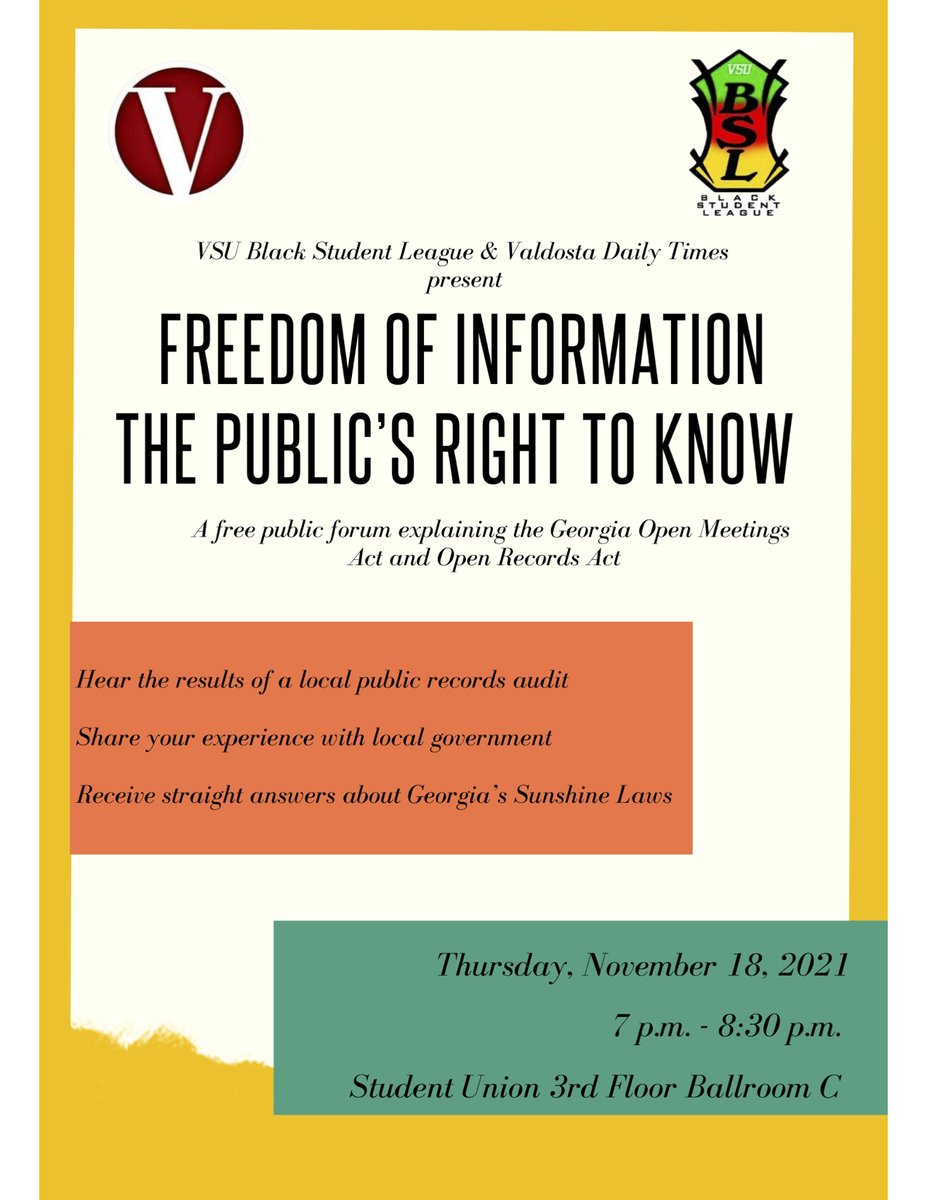 ZacharyJim's tweet image. Everyone is invited to attend a Freedom of Information forum at Valdosta State University (student union) Thursday at 7 p.m.  @TheVDT @OpenGovGa @GAPressAssoc #OpenGov