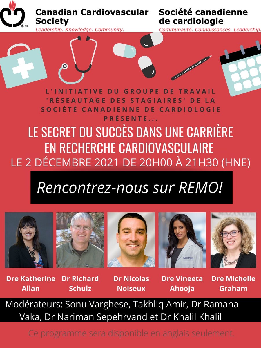 Joignez-vous à nous pour : Le secret du succès dans une carrière en recherche cardiovasculaire, qui aura lieu le jeudi 2 décembre à 20 h HNE, sur la plateforme REMO. Participer à titre de mentor ou à titre de stagiaire. 

👉 Confirmer ici: ow.ly/O5kc50GPXXW