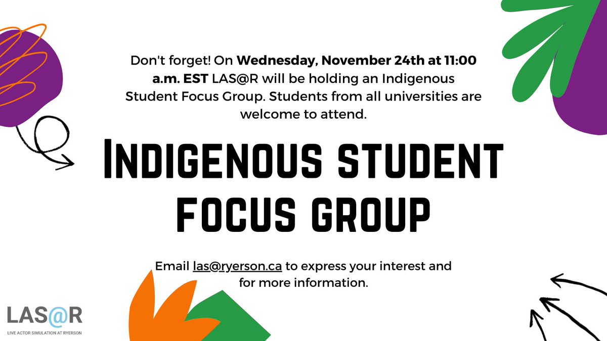 Don’t forget! LAS@R is holding an Indigenous Student Focus Group on November 24th! Email las@ryerson.ca for more information and the event details. 
#LAS@R #IndigenousStudents #Students #FocusGroup #ExperientialLearningHub