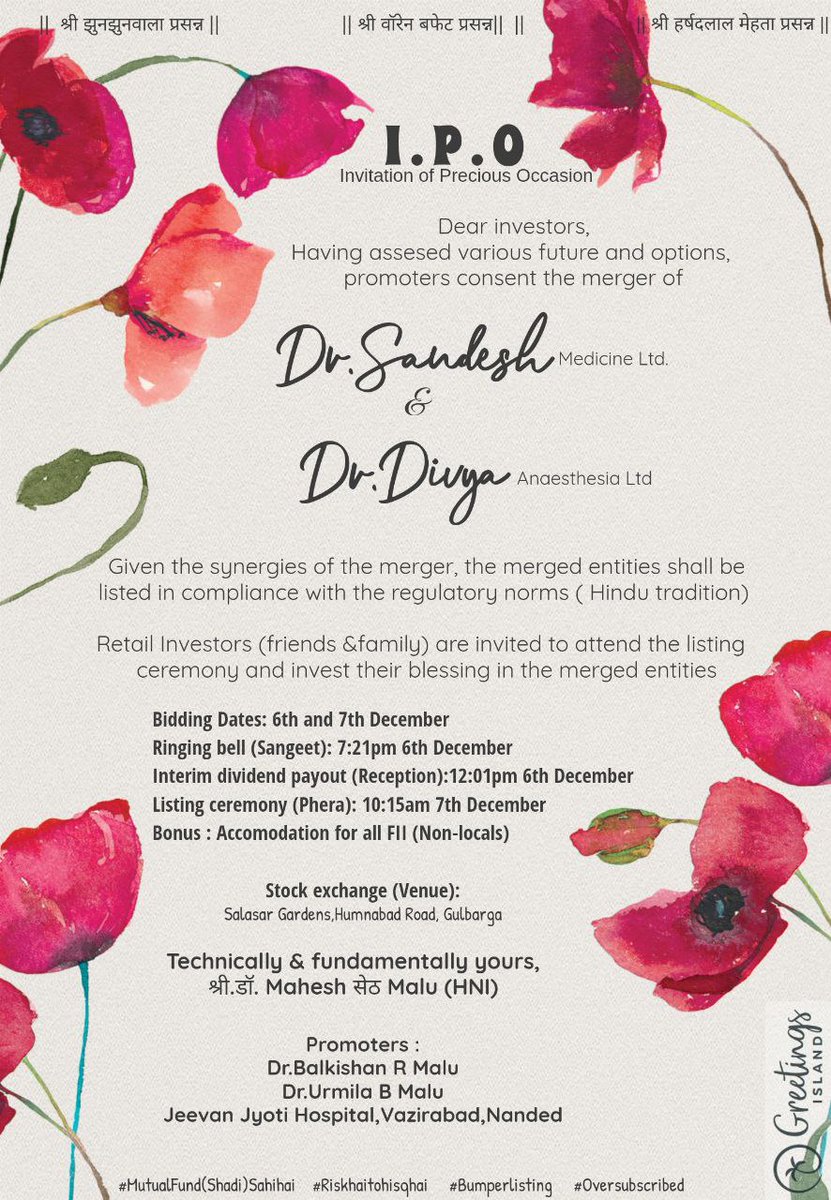 sandeshmalu8012's tweet photo. So my brother @drmm_aamadmi made this invitation for my marriage.
IPO season special Invitation!
@ipo_mantra @Team_IPOMantra @ipo_agarwal @Arunstockguru @boneteacher @MeetshahV @dmuthuk @docrohan @anantladha25 @safalniveshak @AnilSinghvi_ @andymukherjee70 @blitzkreigm @vivbajaj https://t.co/W4OOV9wLwN