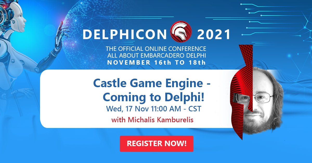 EmbarcaderoTech's tweet image. #DelphiCon2021 Live in 15 minutes, join Michalis Kamburelis as he introduces #Delphi developers to the Castle Game Engine. embt.co/3GzlDkh @castleengine  #conference #programming