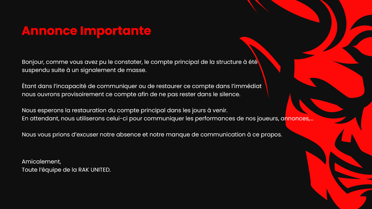 UNITEDRAK_'s tweet photo. Bonjour l'équipe ! 

Nous sommes de retour 👹

#RAKONTOP #RAKBEBACK #FREERAKUNITED https://t.co/trircAgKIS