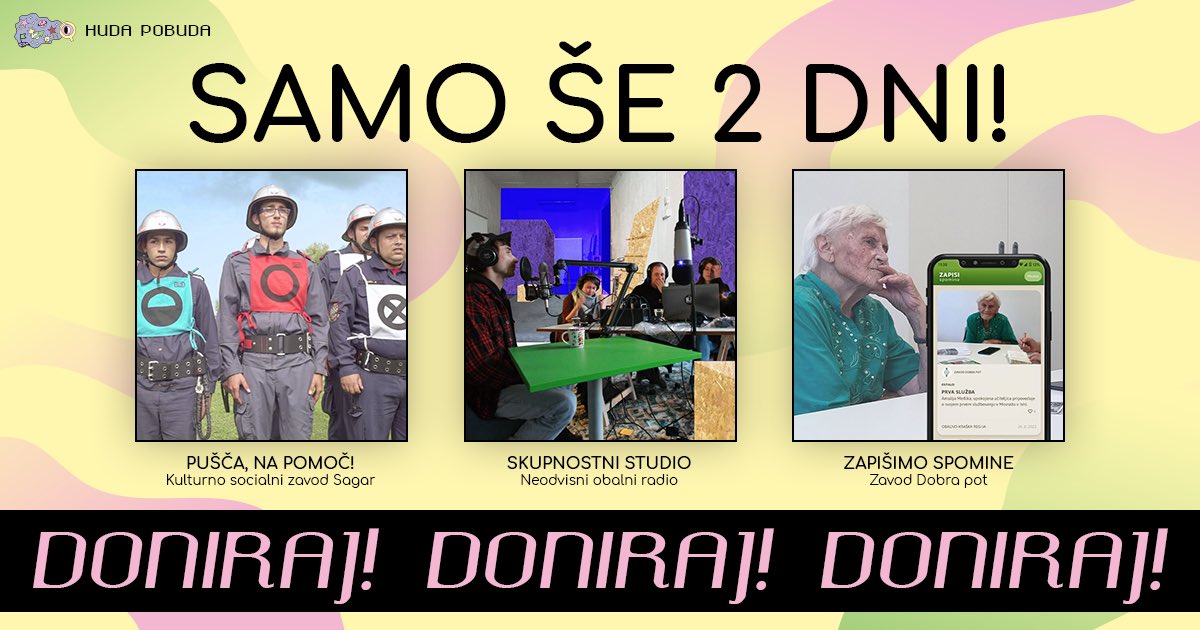 HudaPobuda's tweet photo. 🤝 PODPRI HUDE POBUDE 🤝

Le še dva dneva ti ostaneta, da se pridružiš 154 podpornikom in podpornicam, ki so že pomagali pri uresničevanju hudih pobud!

Preveri, kako bodo tri organizacije krepile skupnosti, in jim pri tem pomagaj z nekaj evri 👉 https://t.co/JbQwRuOdyY! 💪 https://t.co/7yRwbt0MBq