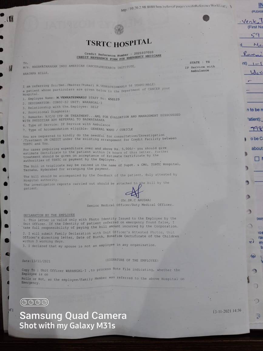 manusandeep94's tweet photo. @tsrtcmdoffice Sir Please find the attachments of M. Venkateshwarlu who is serving as Bus conductor in Warangal Depot-1, I request you to Save my father who is fighting with Blood Cancer. Having no hope left I am approaching you... #Save_My_Father https://t.co/LFP0pdm219