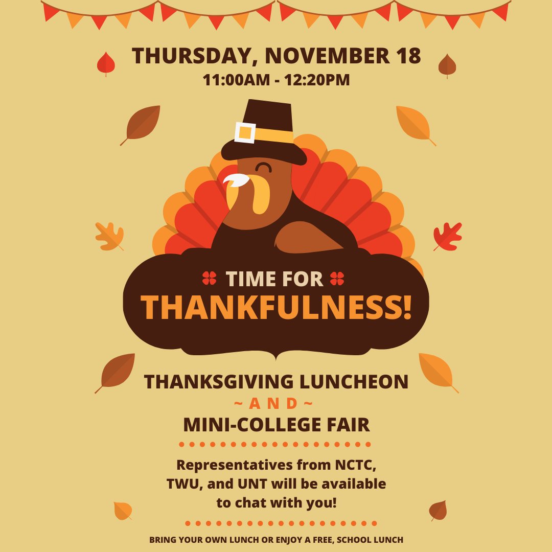 LaGroneAcademy's tweet photo. Full-time LaGrone Academy students: Join us at lunch tomorrow for fellowship as well as a mini-college fair! Reps from @nctclions, @txwomans, and @untsocial will be available to chat. Swing by when you can, however long you can! Bring your own lunch or enjoy a free, school lunch. https://t.co/0bD4P2yvSn