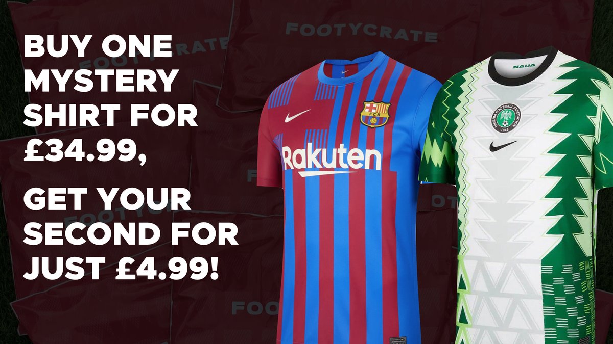 TWO mystery shirts for just £39.98 with free delivery? 👀

Split the cost with a mate and pay just £19.99 each for a football shirt with a retail value of £34.99 minimum!

No subscription needed, very limited stock.

Offer ends this #FootballShirtFriday! 

footycrate.com/products/the-k…