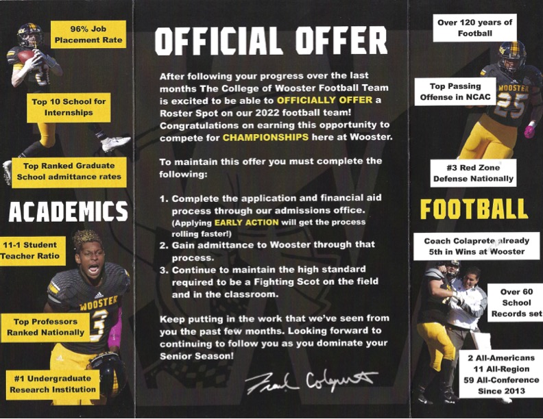 Happy to announce my fifth college offer from College of Wooster
<a href="/WoosterSports/">Wooster Fighting Scots</a>
Thank you coach <a href="/Coachsbauman/">Sam Bauman</a> !  
<a href="/BrandonHuffman/">Brandon Huffman</a> <a href="/StripSackLunch/">Matt Solorio</a> <a href="/mercnews/">Mercury News</a> <a href="/DarrenSabedra/">Darren Sabedra</a> <a href="/247Sports/">247Sports</a> <a href="/CalHiSports/">Cal-Hi Sports</a> <a href="/westcoastpreps_/">West Coast Preps</a>