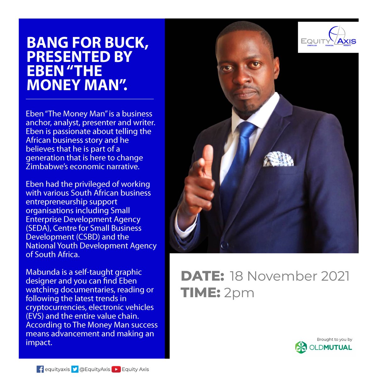 MagnaCarta_Zim's tweet photo. Episode 2 of Bang for Buck is a must-watch! Join Eben Mabunda and Reggies Mtambo tomorrow, and start taking advantage of opportunities to invest on the stock market and grow your wealth. @EquityAxis @OldMutualZW https://t.co/aUXaEiI6eF