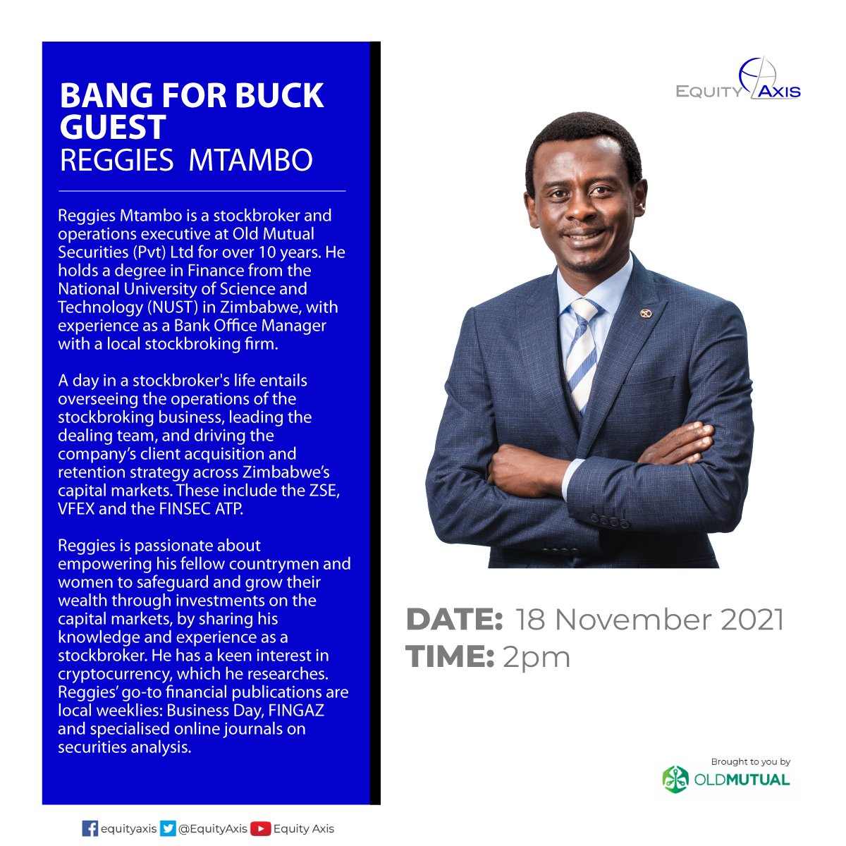 MagnaCarta_Zim's tweet photo. Episode 2 of Bang for Buck is a must-watch! Join Eben Mabunda and Reggies Mtambo tomorrow, and start taking advantage of opportunities to invest on the stock market and grow your wealth. @EquityAxis @OldMutualZW https://t.co/aUXaEiI6eF