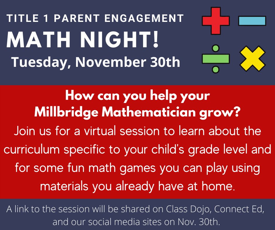 Mark your calendars for a Millbridge Math Night on November 30th. #millbridgemathematicians #themusketeerway