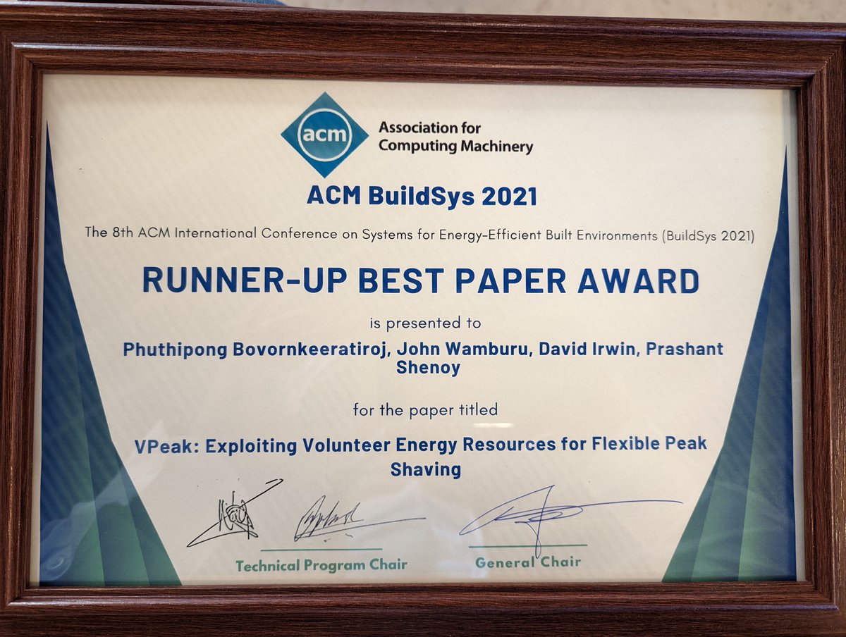UMass Laboratory for Advanced Systems Software (@umassos) on Twitter photo Congratulations to <a href="/umassos/">UMass Laboratory for Advanced Systems Software</a> students Nikko and John on their Best Paper Runner-up award at <a href="/AcmBuildsys/">ACM BuildSys</a>. Their VPeak paper proposes the use of volunteer #energy resources for reducing peak grid demand. Paper:bit.ly/2YTylt0 #MachineLearning Congratulations to <a href="/umassos/">UMass Laboratory for Advanced Systems Software</a> students Nikko and John on their Best Paper Runner-up award at <a href="/AcmBuildsys/">ACM BuildSys</a>. Their VPeak paper proposes the use of volunteer #energy resources for reducing peak grid demand. Paper:bit.ly/2YTylt0 #MachineLearning