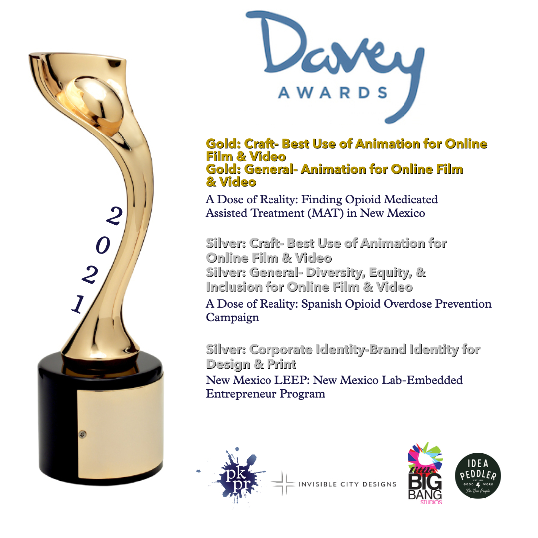 pkprlynn's tweet photo. We won 5 Davey Awards from the Academy of Interactive and Visual Arts for distinction in creative work! 

@ideapeddler @simplysocialnm @NMHSD @doseofrealitynm #invisiblecitydesigns #littlebigbangstudios #awards #awards21 #marketingdigital #marketing #animation #branding https://t.co/bAW2RR8I28