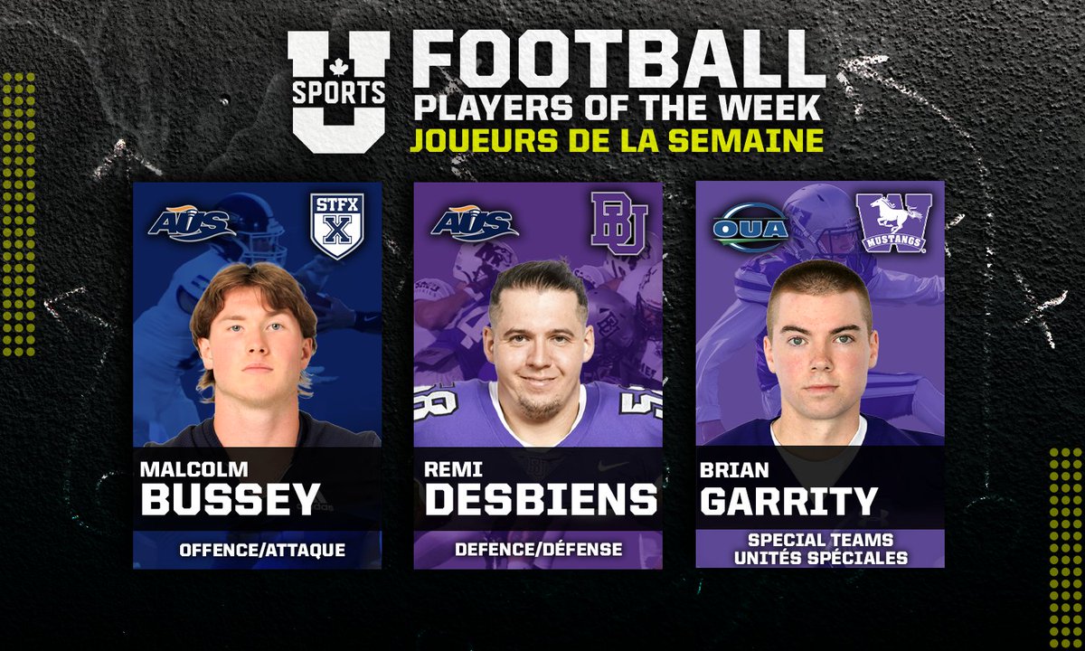 USPORTSca's tweet photo. 🏈Bussey, Desbiens, Garrity named U SPORTS Football Players of the Week.

🏈Bussey, Desbiens et Garrity sont les joueurs de la semaine du football de U SPORTS.

🔗EN: https://t.co/IxWz2rBQfa🔗FR: https://t.co/x1BBDnspXV

#ChaseTheGlory | #ViserHaut https://t.co/FwaQkjCAax