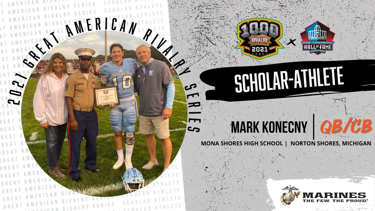 AmericanRivalry's tweet photo. @portfball @ProFootballHOF @USMarineCorps @NicholasCirulli @PortJervisNY @PortJervisCSD Support Mark Konecny from @MSSailorFball, as he looks to be named to the 2021 Great American Rivalry Series 𝕾𝖈𝖍𝖔𝖑𝖆𝖗 𝕬𝖙𝖍𝖑𝖊𝖙𝖊 Hall of Fame Team, in partnership with the @ProFootballHOF.

Presented by: @USMarineCorps

VOTE HERE➡️https://t.co/wIGBLQ4OL9 https://t.co/nC8D7b4kIR