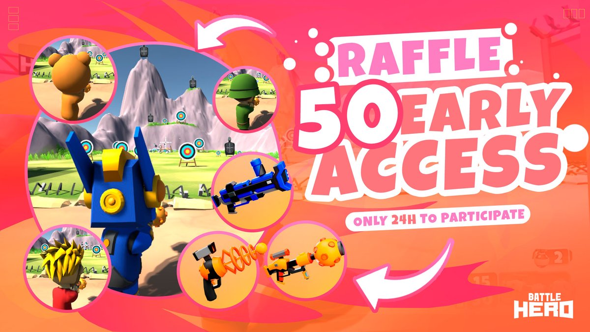 Would you like to try the shooting range before anyone else?🔫
We are raffling 𝟱𝟬 𝗲𝗮𝗿𝗹𝘆 𝗮𝗰𝗰𝗲𝘀𝘀. Only 24h to participate.🚨

How to participate:
1. Follow  <a href="/BattleHeroNFT/">Battle Hero</a>
2. Retweet this tweet and using #battlehero hashtag
3. Tag 3 friends in the comments