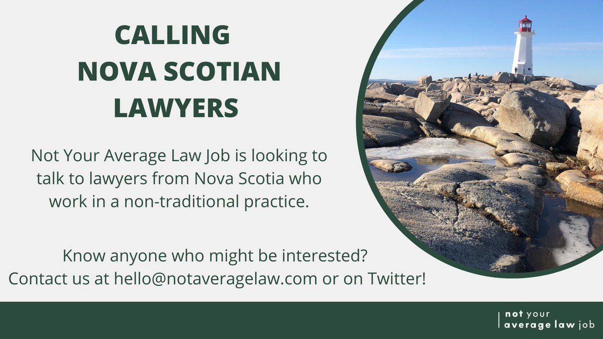 Know any non-traditional lawyers in Nova Scotia? We want to hear from you! 

We want our happy lawyer profiles to be representative of Canada as a whole.🍁

#lawtwitter #lawcanada #lawyerscanada