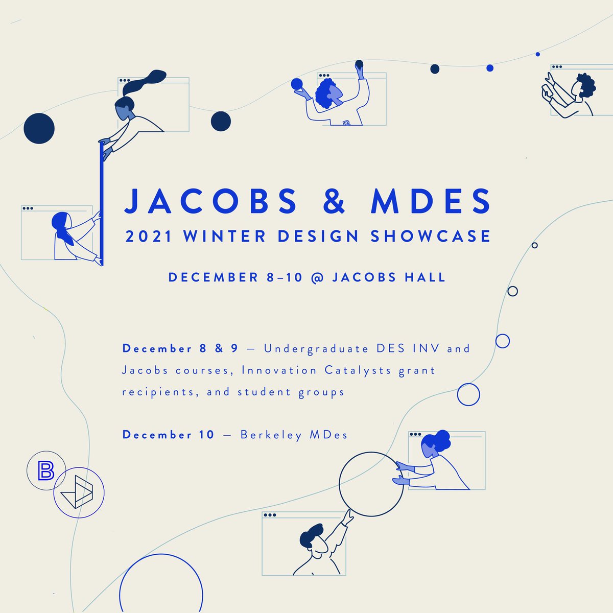 Save the Date! The Jacobs + MDes Winter Design Showcase will be happening from Dec. 8-10. The event is open to the general UC Berkeley community and invited friends + family, so come hang out with us :)

#berkeleymdes #mdesmade #designshowcase #jacobshall