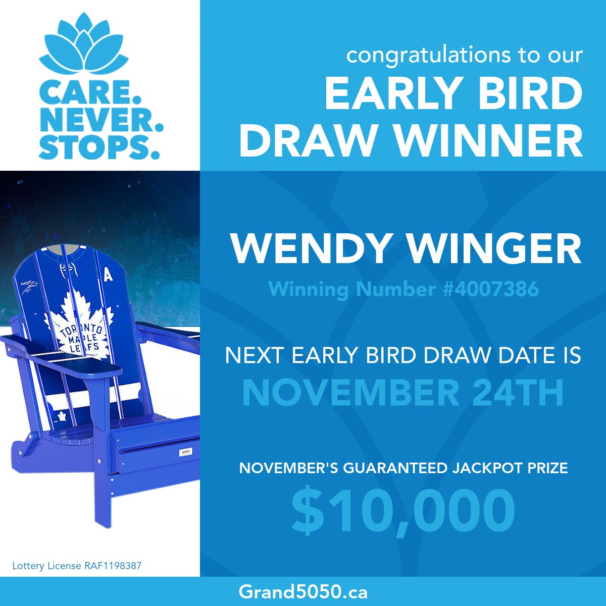 CNS_GRHF's tweet photo. Play for care. Play to win ... just like Wendy did!

Get your tickets before November 23rd at midnight for your chance to win $500 cash in our final Early Bird Draw of the month!

Buy your tickets now at https://t.co/T2nba5TAqM

#GRHF #GrandRiverKids

Lottery License RAF1198387 https://t.co/CvLlXwaUkl