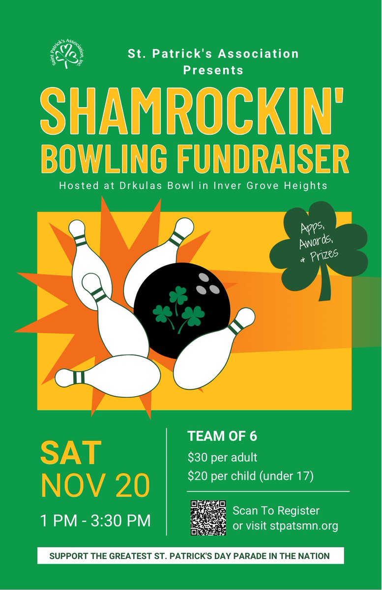 StPatsMN's tweet photo. Our 2021 SHAMROCKIN’ Bowling Fundraiser is only 3 DAYS AWAY! 🎳 Join us Saturday, Nov. 20th from 1-3:30 PM at Drkula’s Bowl to support the Greatest Parade in the Nation &amp; collect non-perishable food items for local food shelves! Register here: https://t.co/95xHIwQ5x7 https://t.co/IrvXyeyMA1