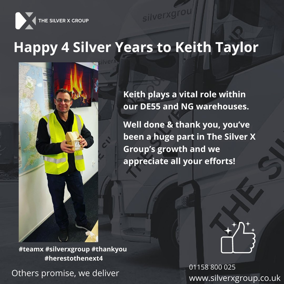 TheSilverXGroup's tweet photo. Congratulations to Keith Taylor who this week has been with us for 4 years.
#silverxgroup #otherspromisewedeliver #thankyou https://t.co/vvMH1CeHgJ