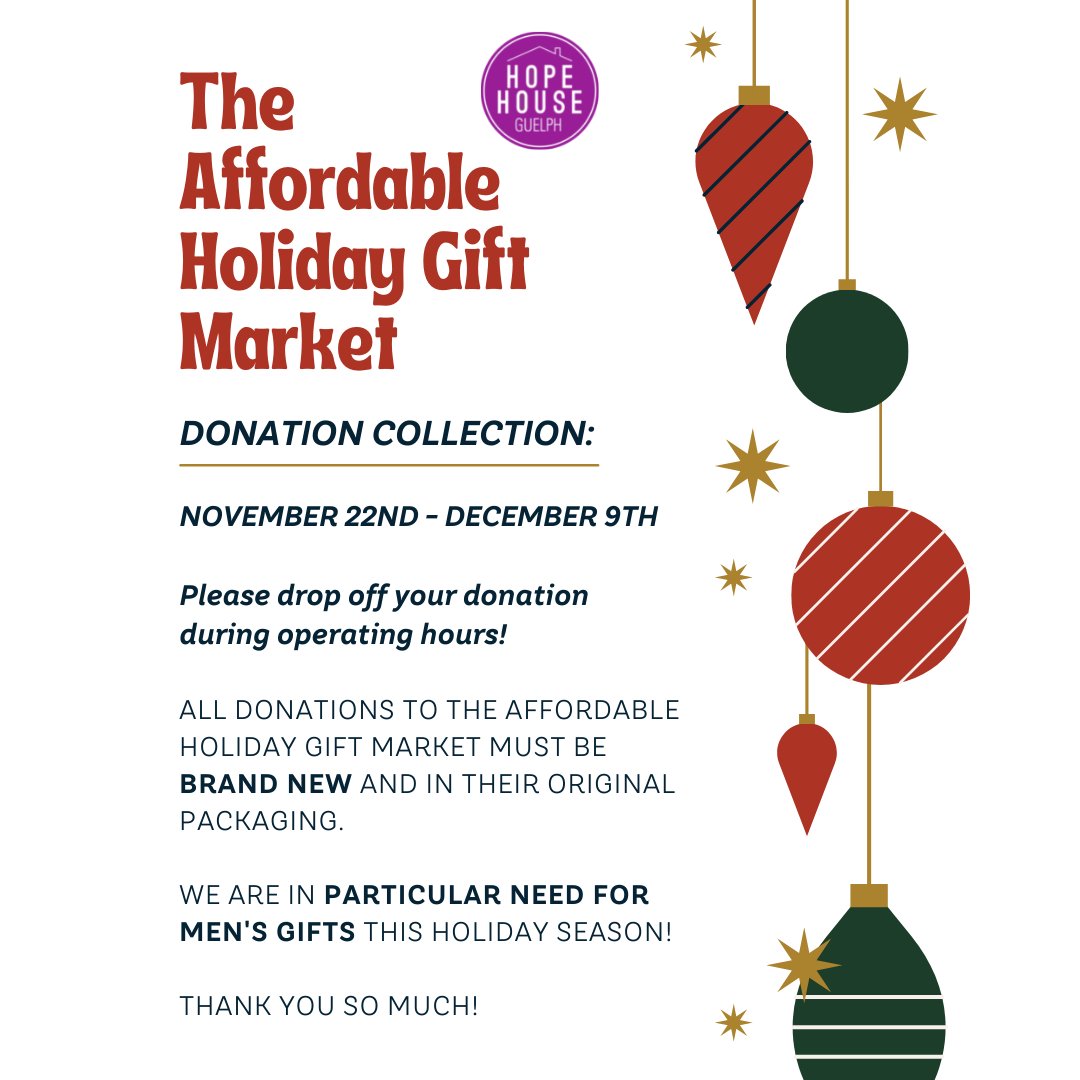 HopeHouseGuelph's tweet photo. HOPE House will begin accepting donations of BRAND NEW toys and gifts to the Affordable Holiday Gift Market on Monday November 22nd! We are in particular need for men's gifts this holiday season! 

#HOPEHouse #whatsnewwednesday#bettertogether #communityaction #guelphcares https://t.co/38L5i43jXv