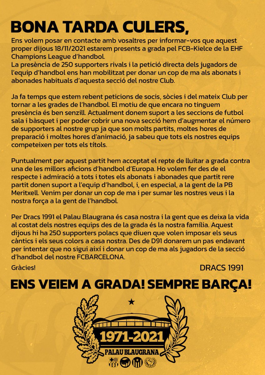 Volen conquerir casa nostra i no podran. Aquest dijous serem al costat del <a href="/FCBhandbol/">Barça Handbol</a>, de la <a href="/PBBMeritxell/">PBBMeritxell 🎗</a> i de la resta de socis, abonats i aficionats del Barça per defensar el Palau Blaugrana 💪🏻