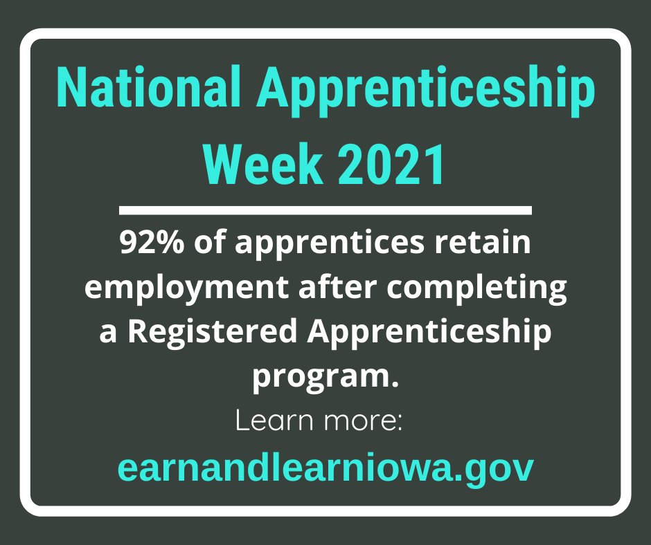 DBQIowaWORKS's tweet photo. It's #NationalApprenticeshipWeek! Did you know? 92% of apprentices retain employment after completing a Registered Apprenticeship program.
Learn more: https://t.co/R4A7ET1KZ3
#NAW2021 #earnandlearn https://t.co/jeXDcqYdKv