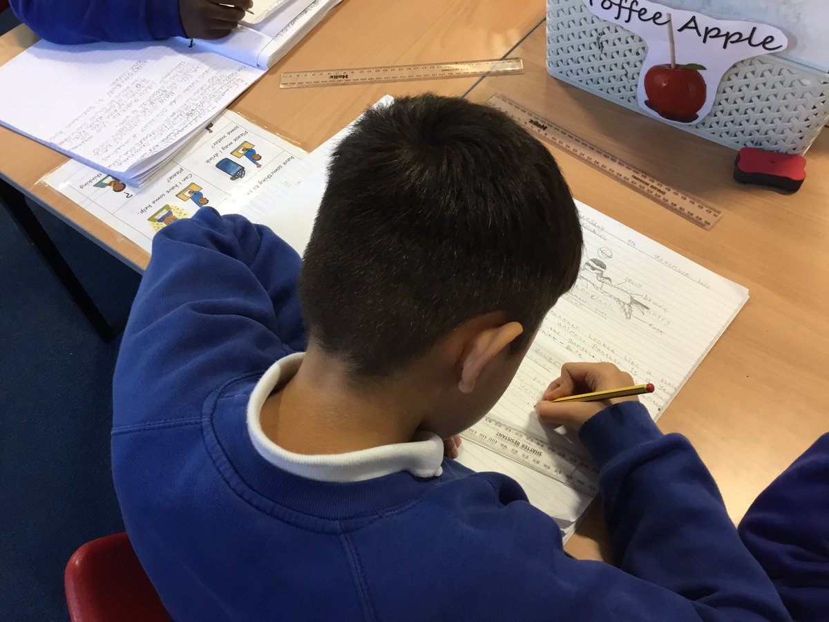 MissMAbraham's tweet photo. Apple really took their time writing up their character descriptions in their best handwriting this morning. We’re working hard to improve our pencil grip and many of us are joining our letters! #WritingIsCentral https://t.co/kc3MCB2MO2