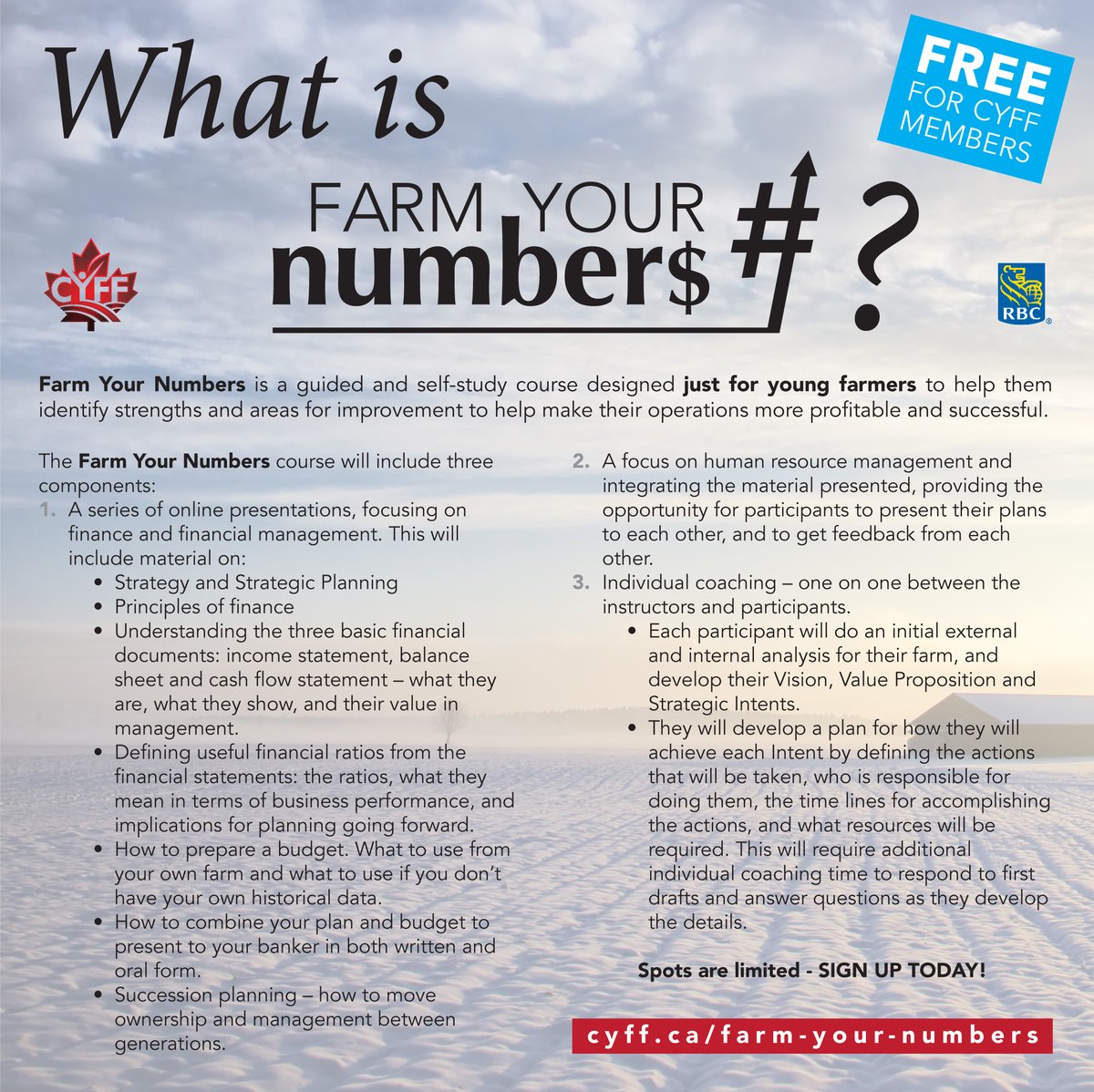 CYFF's tweet photo. The #FarmYourNumbers course will be delivered virtually and is scheduled for December 2021 - January 2022.
This year’s program is FREE for #CYFF members. Spots are limited – sign up today!
https://t.co/ycHZ3LyyIE @RBC
#youngfarmers #CdnAg https://t.co/I2guRbmfST