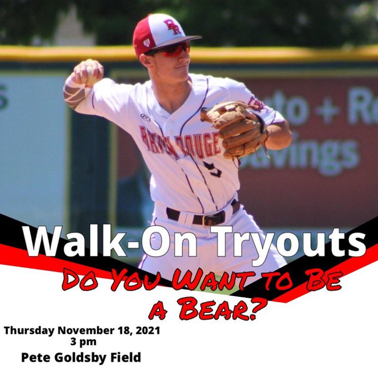 BRCC_Baseball's tweet photo. Bears Baseball will be hosting Tryouts on Tomorrow November 18 starting at 3 pm at Pete Goldsby Field. You must be a full time student at BRCC.   You will need to bring a physical and your transcript to the tryout. 

Questions contact Coach Simoneaux at Simoneauxt@mybrcc.edu https://t.co/Xc11YxCSbW