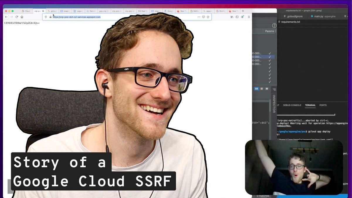 David Schütz (@xdavidhu) on Twitter photo In March, I found an SSRF in a <a href="/googlecloud/">Google Cloud</a> service, which gave me access to a few internal Cloud projects.
I recorded myself finding the bug from start to finish. Today, I published a video where I react to these recordings and explain the issue.
youtu.be/UyemBjyQ4qA In March, I found an SSRF in a <a href="/googlecloud/">Google Cloud</a> service, which gave me access to a few internal Cloud projects.
I recorded myself finding the bug from start to finish. Today, I published a video where I react to these recordings and explain the issue.
youtu.be/UyemBjyQ4qA