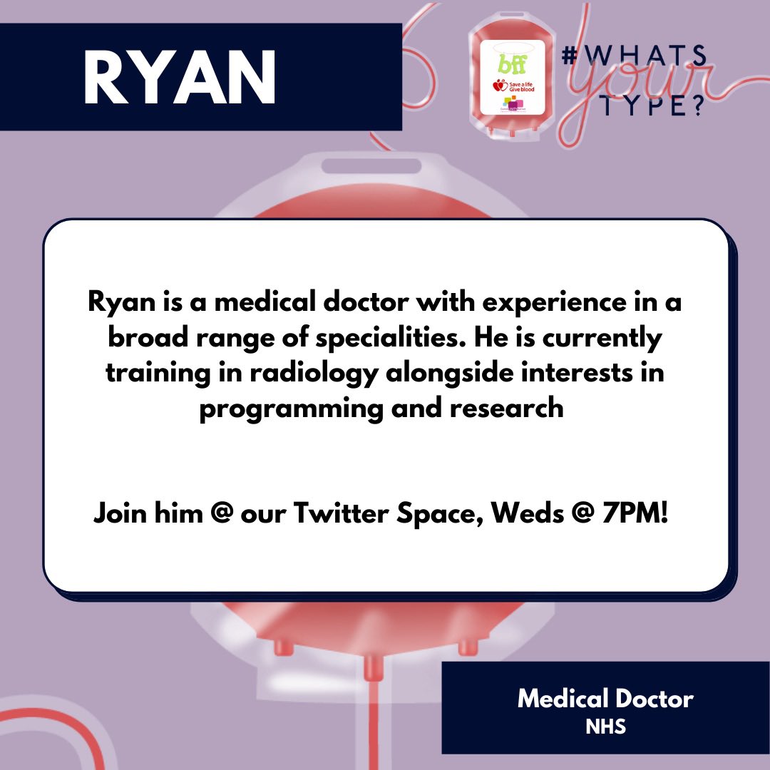 We’ll also be joined by <a href="/EthnoVox/">Ethno Vox</a> a Community Engagement Lead at <a href="/GiveBloodNHS/">Give Blood NHS 🩸🩹</a> and <a href="/DrRyanSam/">Dr Ryan</a> , a medical doctor. 

Due to be a great discussion 🤩

See you at 7pm. 

x.com/i/spaces/1DXGy… - #WhatsYourType
