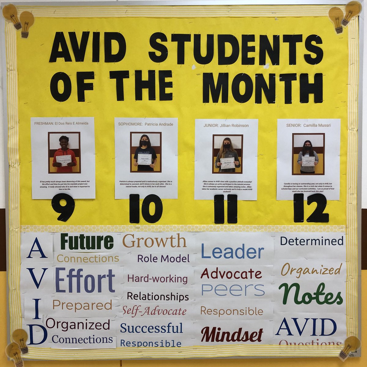 JacobsHSAVID's tweet photo. Congratulations to our AVID Students of the month. El Dos Reis Almeida, Patty Andrade, Jillian Robinson, and Camilla Mussri are outstanding students who work hard and have extremely bright futures! 😎 Keep up the great work and attitude! #ThisisAVID @AVIDMWStates https://t.co/P7gzVYKiV2