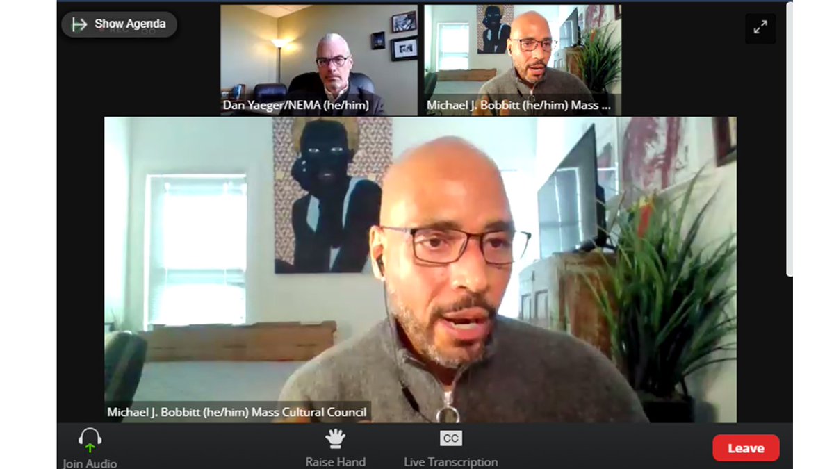 DanYaeger's tweet photo. Deep gratitude to @mbobbitt @masscultural for this morning's keynote convo re. equity, governance &amp; the future of culture. Great lessons &amp; warmth as we dismantle racism together as a field. @NEMAnet #NEMA2021 https://t.co/xBcxyHgM2I