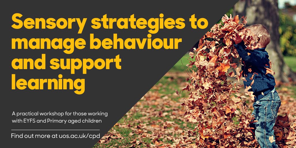 Book your place on our next 'Sensory strategies to manage behaviour and support learning workshop' on November 26. Ideal for those working with or caring for children up to KS2, in particular teachers, assistants, SENCOs or social care practitioners. bit.ly/uos-cpd-sensor…